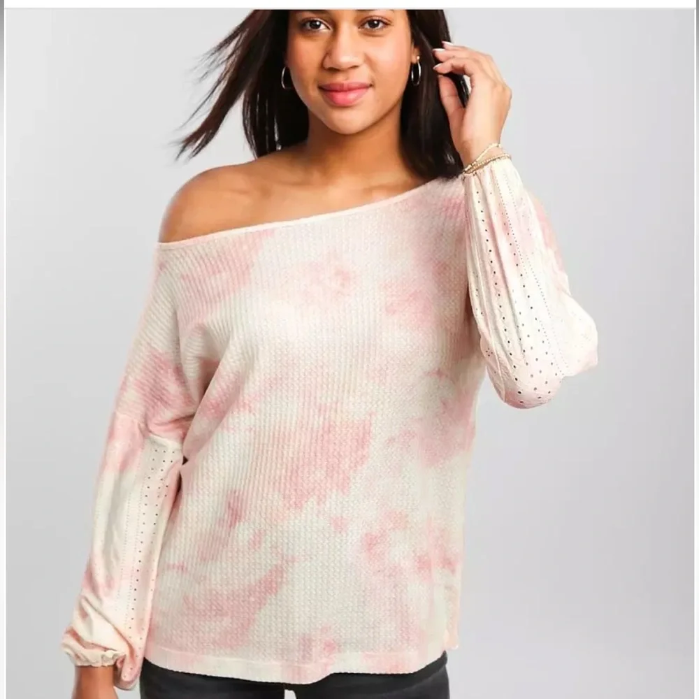 Daytrip Off-Shoulder Pink and White Sweater